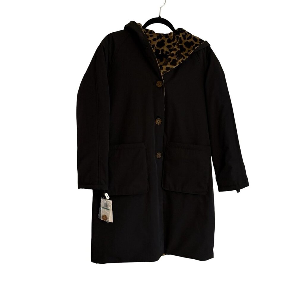 Jane Post Women L Black Leopard Button Front Long Reversible Hooded Coat NWT
